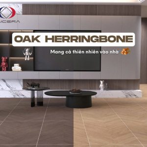 Phối cảnh phòng khách Oak Herringbone Taicera G12L24JF-CA 60×120 với hai tông màu gỗ