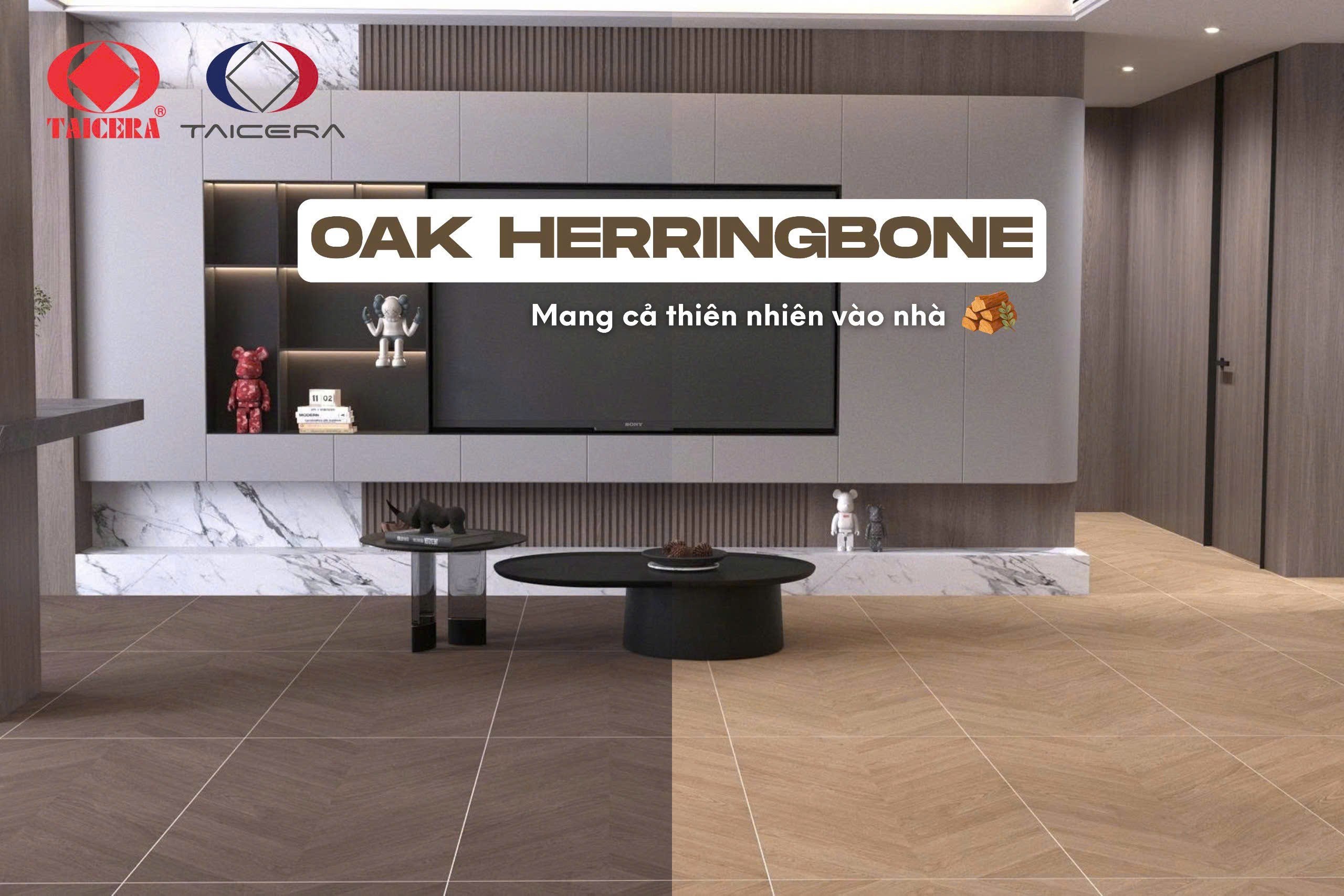 Taicera G12L24JF-CA – Oak Herringbone phòng khách Phối cảnh phòng khách Oak Herringbone Taicera G12L24JF-CA 60×120 với hai tông màu gỗ