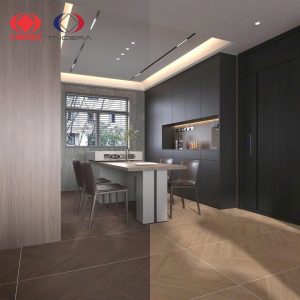 Phối cảnh phòng bếp và bàn ăn với gạch vân gỗ xếp kiểu Chevron Oak Herringbone Taicera