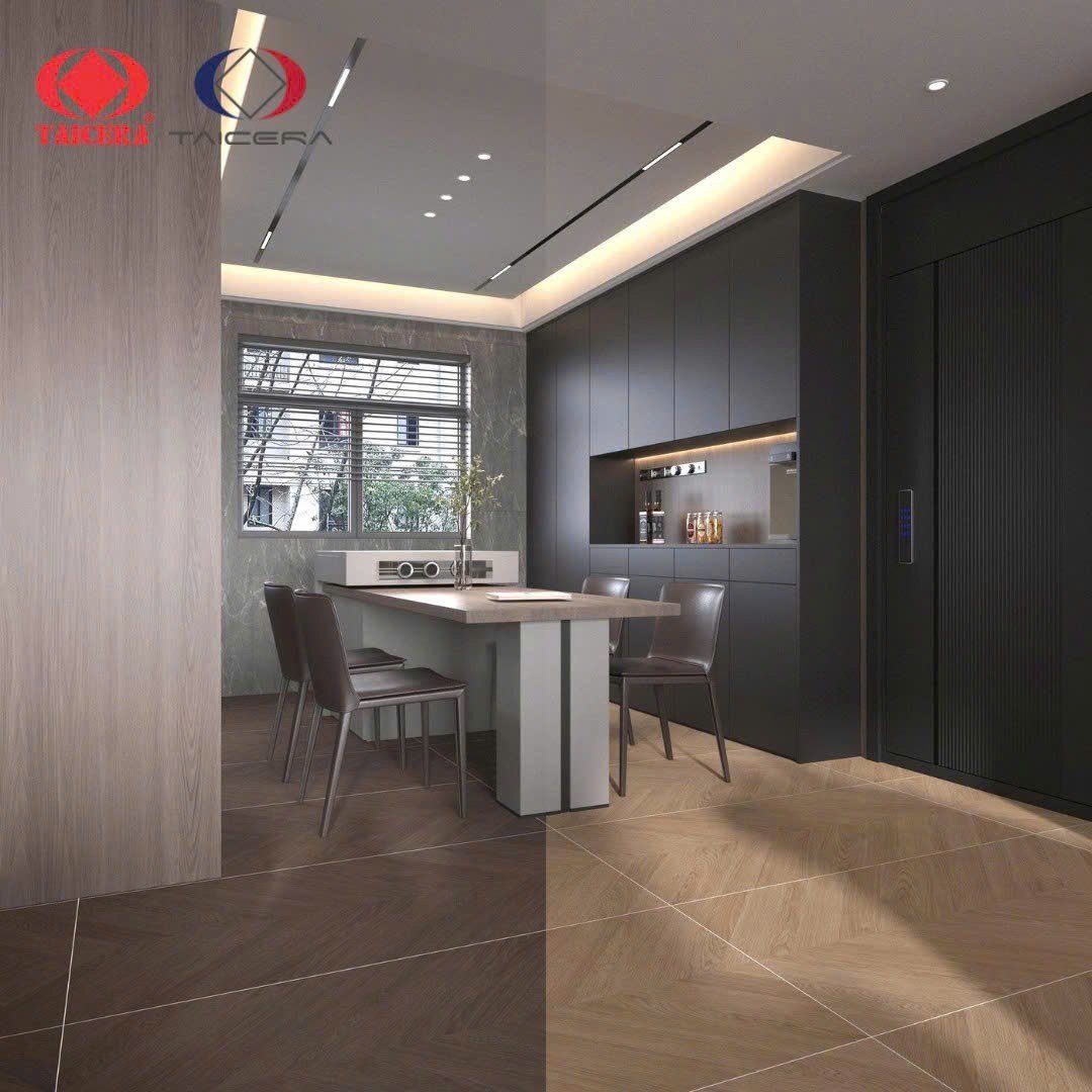 Taicera G12L24JF-CA – Oak Herringbone phòng bếp Phối cảnh phòng bếp và bàn ăn với gạch vân gỗ xếp kiểu Chevron Oak Herringbone Taicera