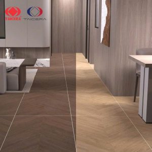 Chi tiết nền phòng khách và hành lang lát gạch vân gỗ xương cá Oak Herringbone Taicera